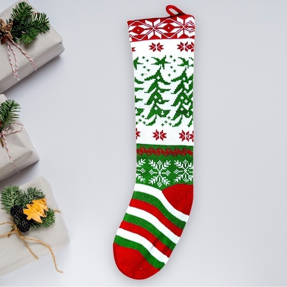 Fair Isle Christmas Stocking Green Red Winter White Sweater Knit 24.5”x6”